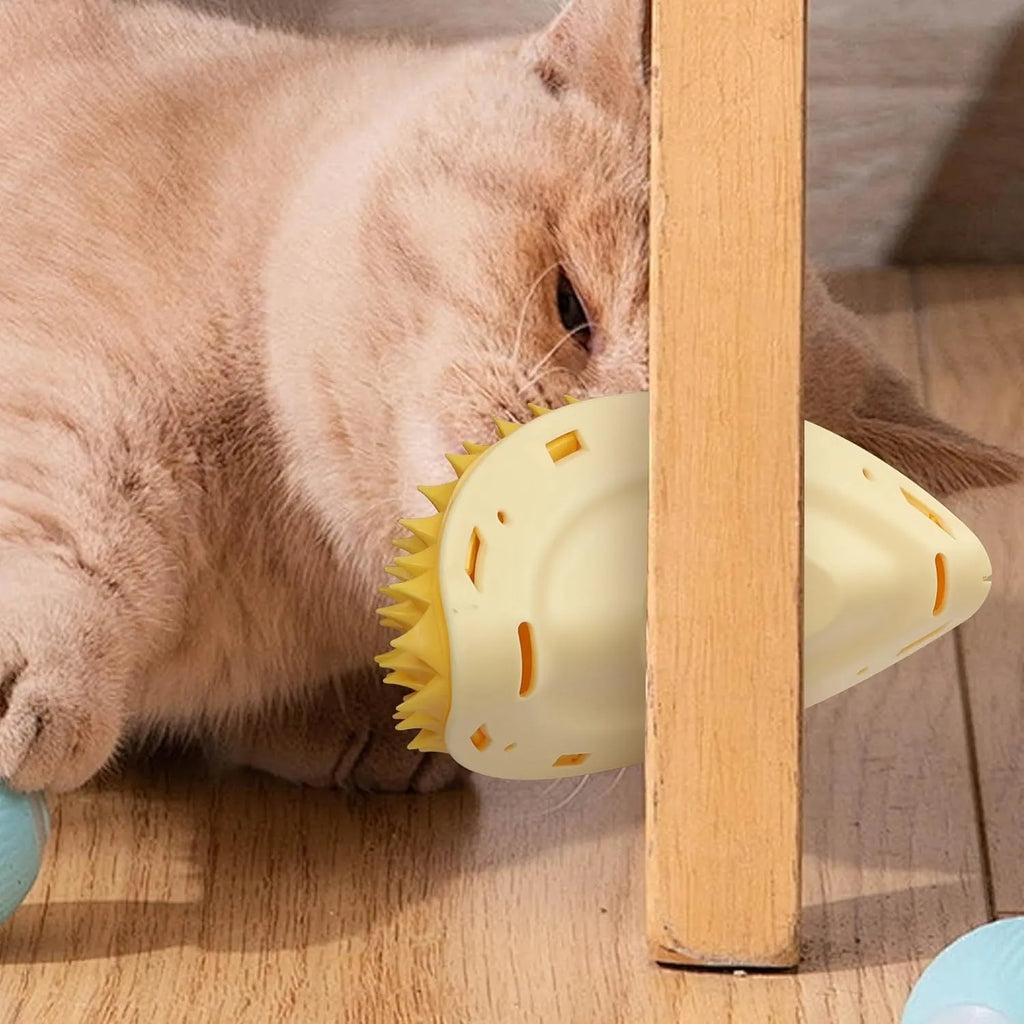 Yellow durian shaped cat corner scratcher with textured massage comb surface