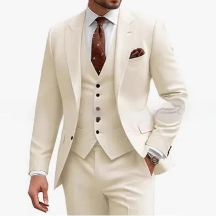 Men's slim fit three-piece suit in a choice of colours including bright red, champagne, and dark purple.