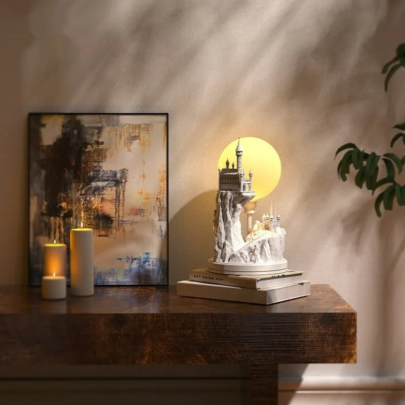 White composite gypsum table lamp with wire control switch on small bedside table
