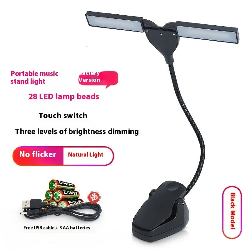 Rechargeable black music stand lamp with 28 LED lights and USB cable