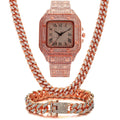 Roman grain graduation quartz watch set three pieces square diamond studded dial black mesh band
