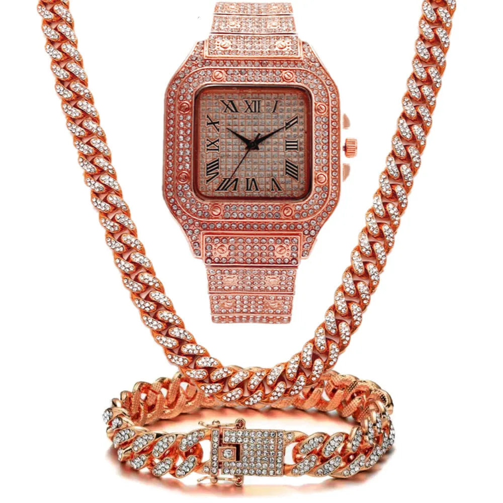 Roman grain graduation quartz watch set three pieces square diamond studded dial black mesh band