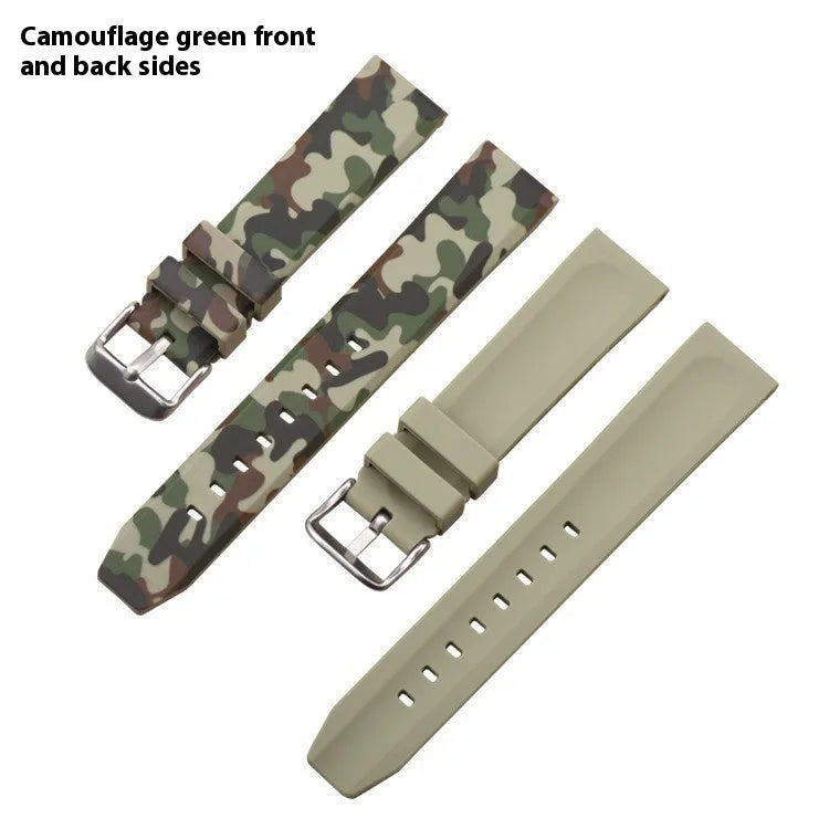 Camouflage pattern silicone watch strap showing flat head lugs, available in blue, green and grey.