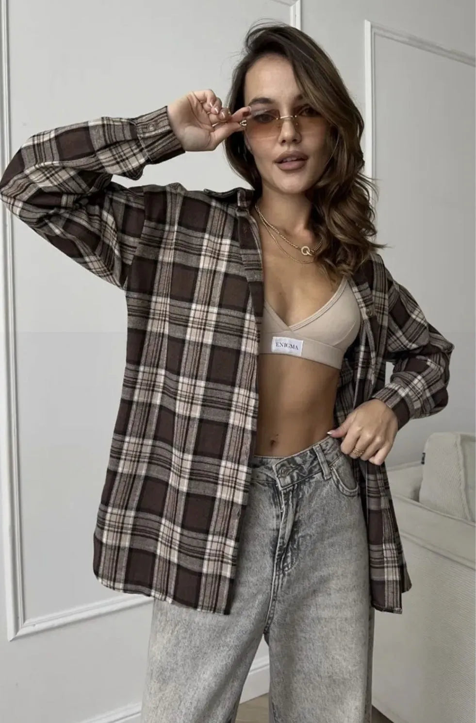 Women's dark brown striped long sleeve shirt with retro styling and collage stitching detail