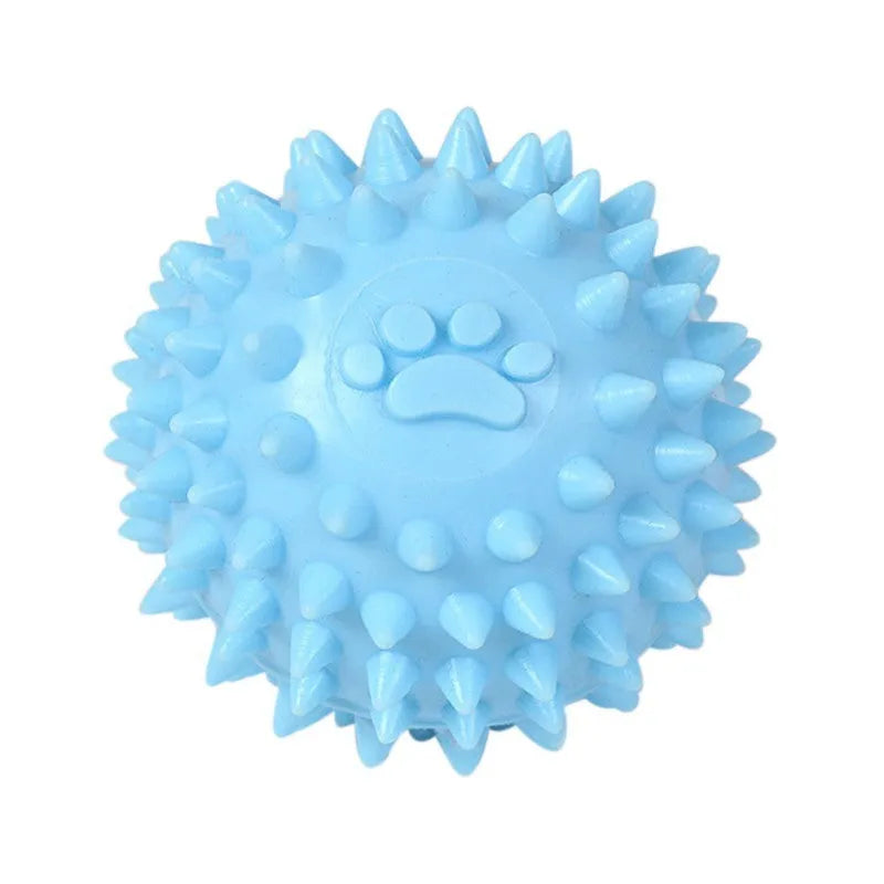 Blue dog chewing toy with textured footprint design measuring 6cm diameter