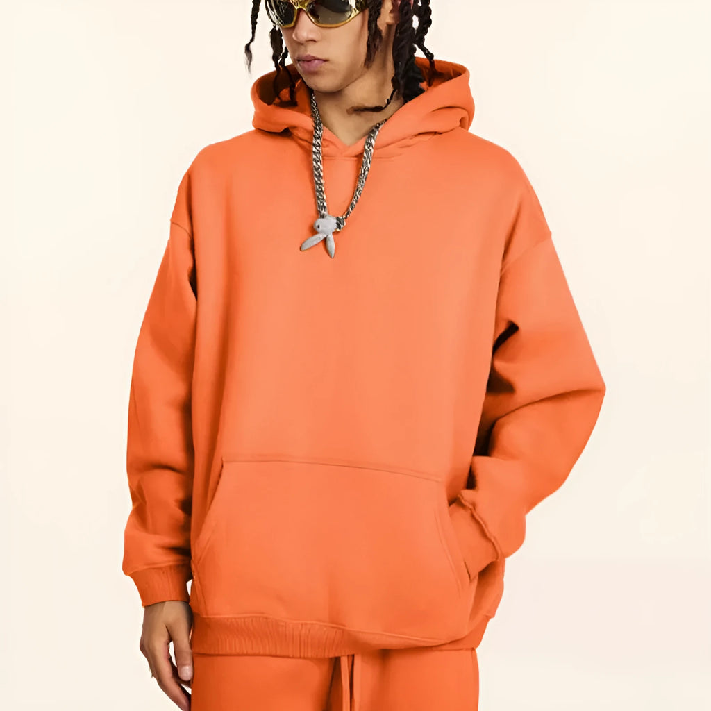 Cotton terry men's hooded sweater in loose pullover style with drop-shoulder sleeves