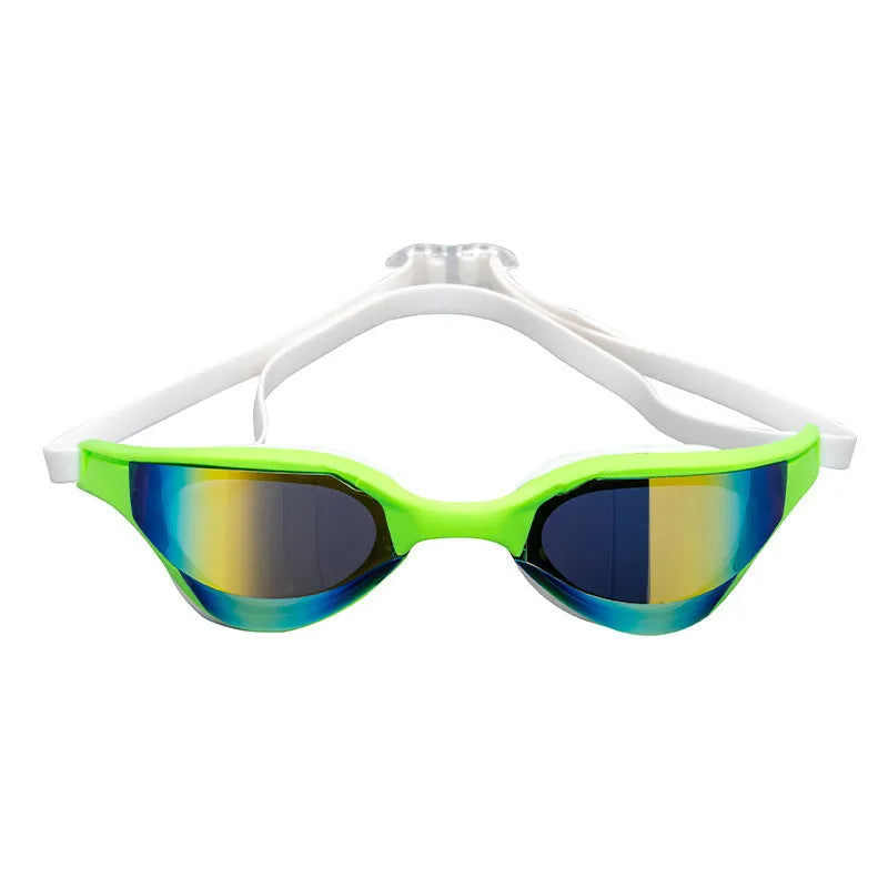 Racing HD anti-fog swimming goggles with adjustable nose bridge, shown in a gold plated colour variant.