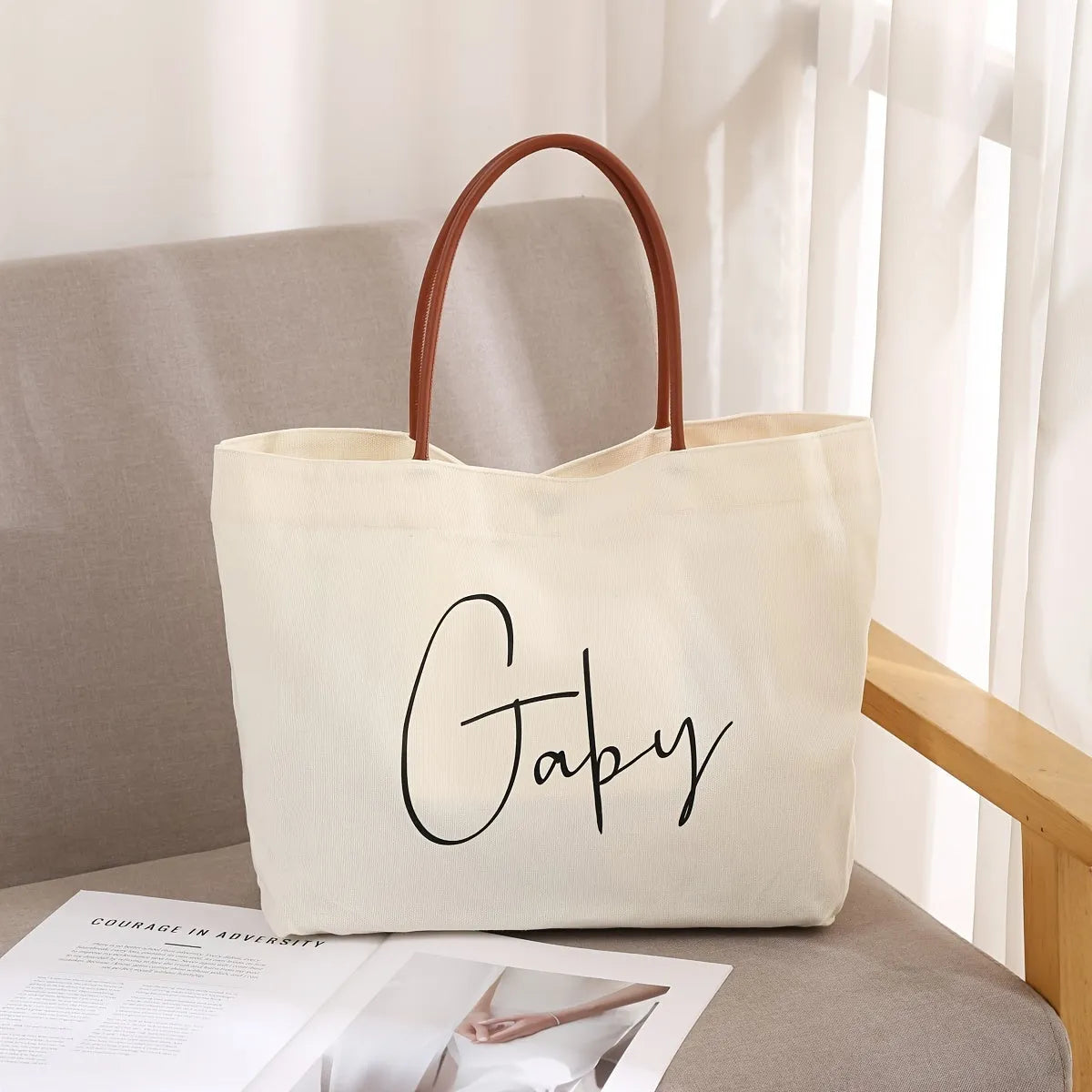 Beige white canvas tote bag made of cotton and jute with reinforced fabric handles