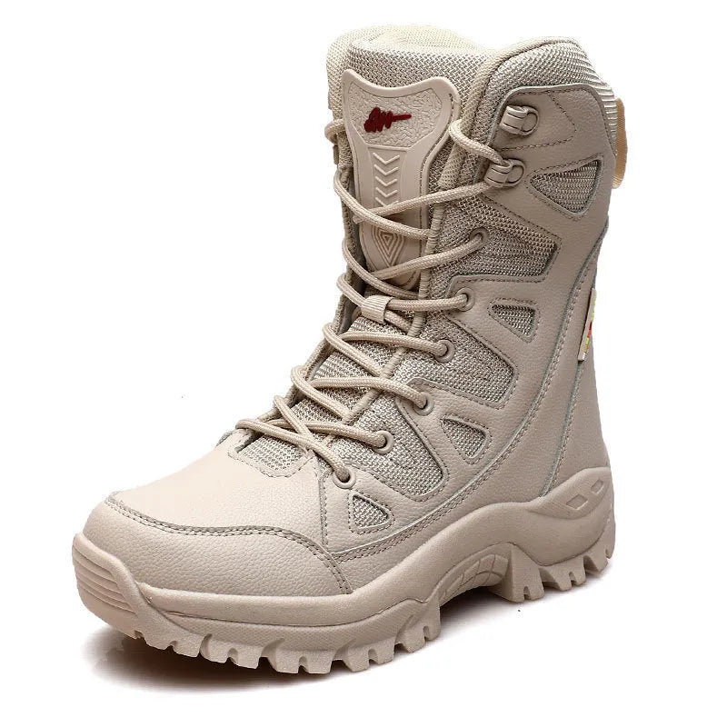 Cowhide leather hi-top hiking shoes in beige, black, and brown colour options with platform sole design