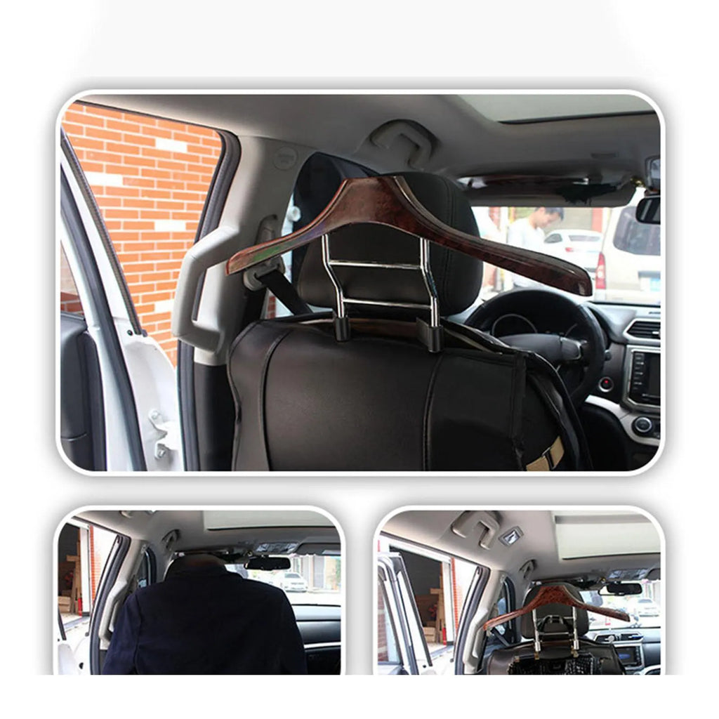 Wood yellow stainless steel car clothes hanger mounted on a car seat