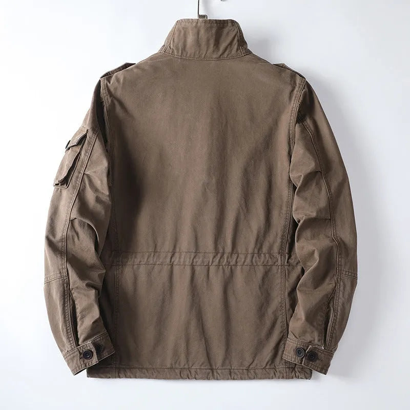 Men's loose-fit cotton twill jacket in light coffee brown colour with a front zip.