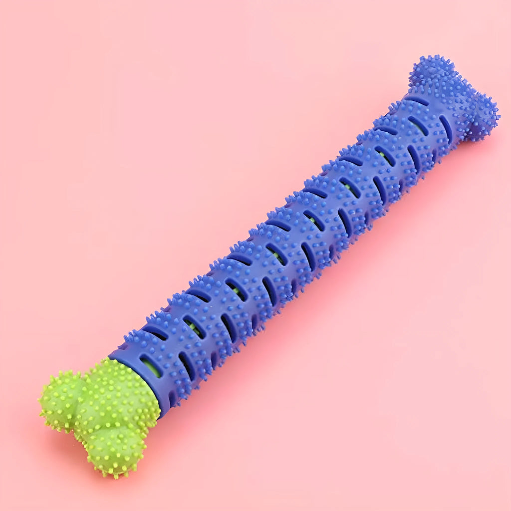 Blue green dog dental cleaning toy with brush head and massage nodules, 25cm long