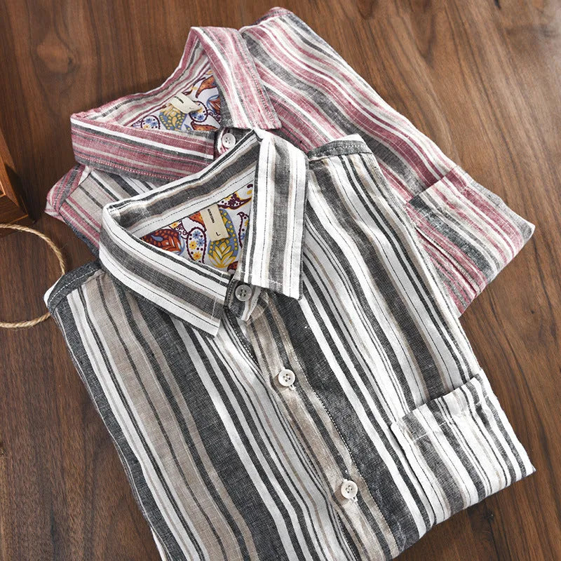 Men's striped linen shirt in red or grey colours with long sleeves and loose fit