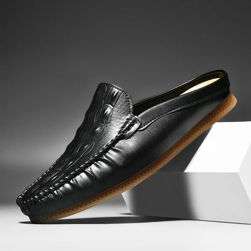 Men's black semi-slippers with a breathable artificial PU upper and a patterned rubber gommino sole.
