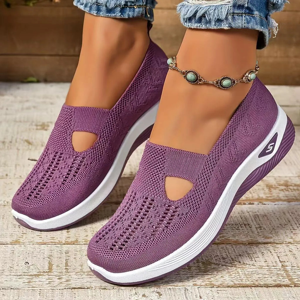 Women's low-top casual mesh shoes with a T-strap and soft PVC sole, shown in multiple colours.