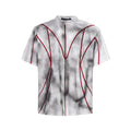 Women's short sleeve t-shirt with padded shoulders and three-dimensional line patchwork design in picture colour
