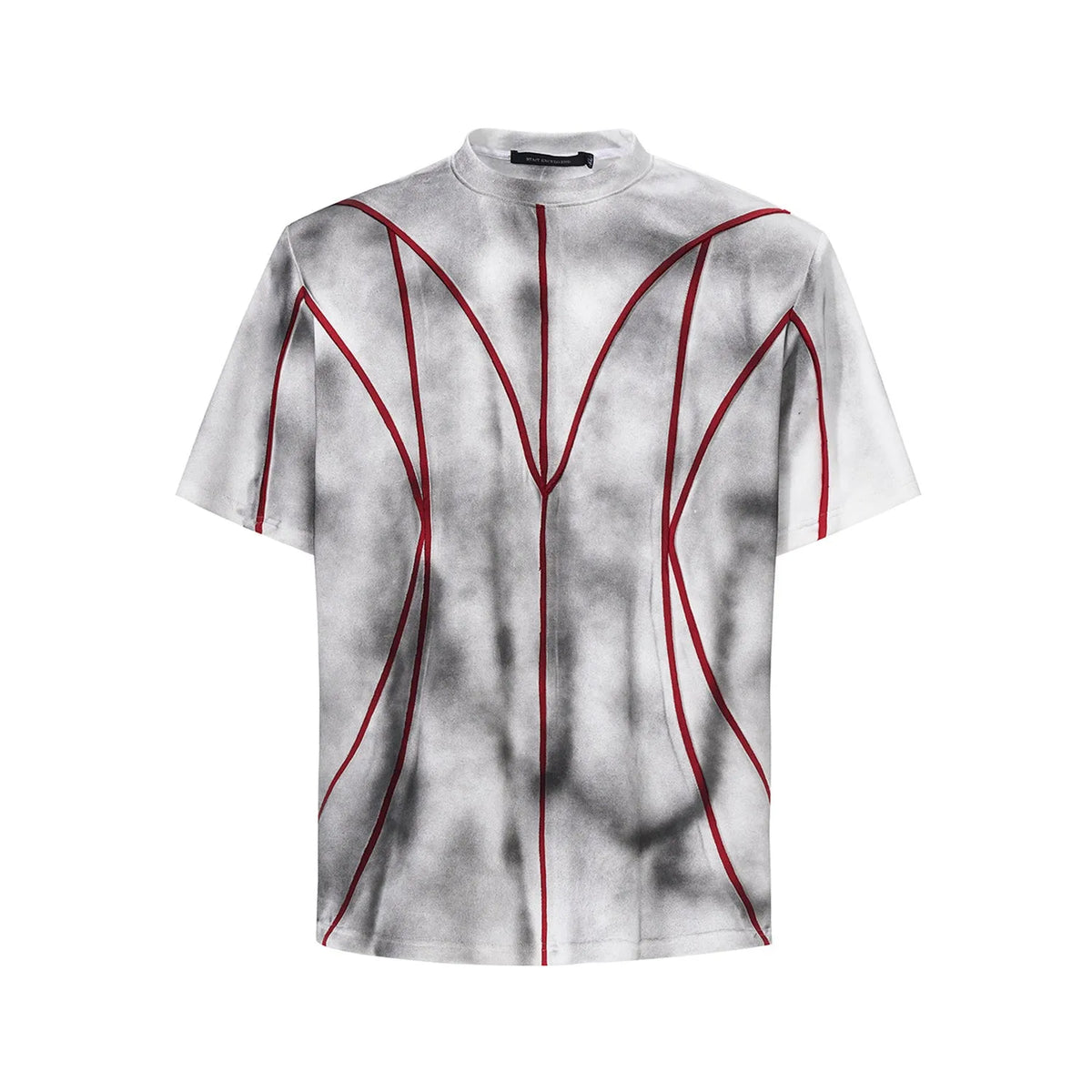 Women's short sleeve t-shirt with padded shoulders and three-dimensional line patchwork design in picture colour