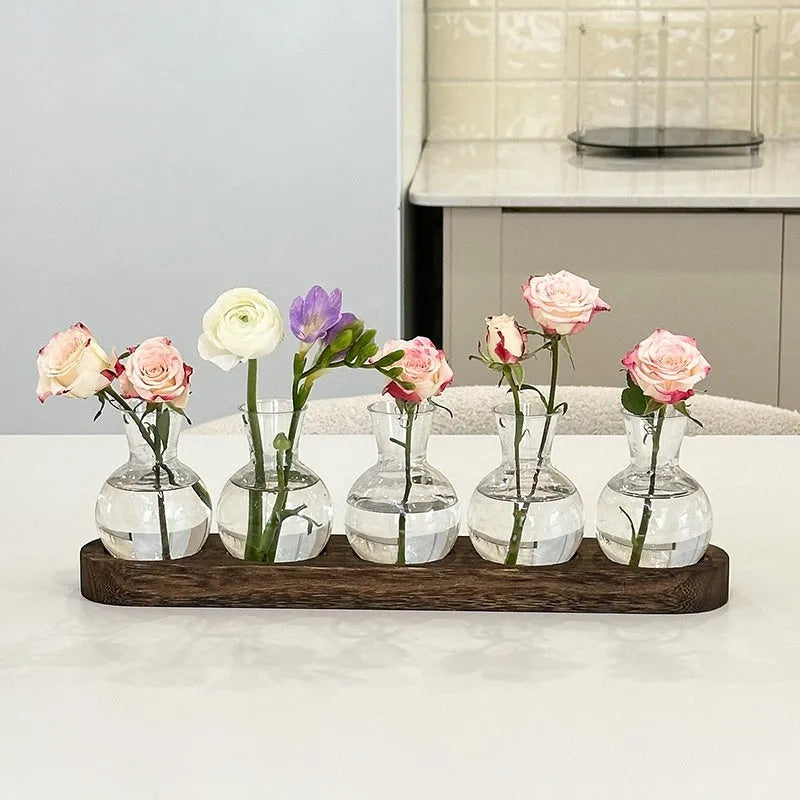 Wooden frame hydroponic vase decoration with transparent glass vases for indoor plants