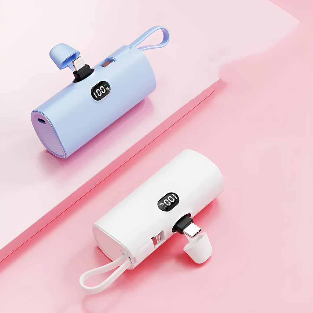Compact capsule-shaped wireless power bank with digital display in multiple colour options