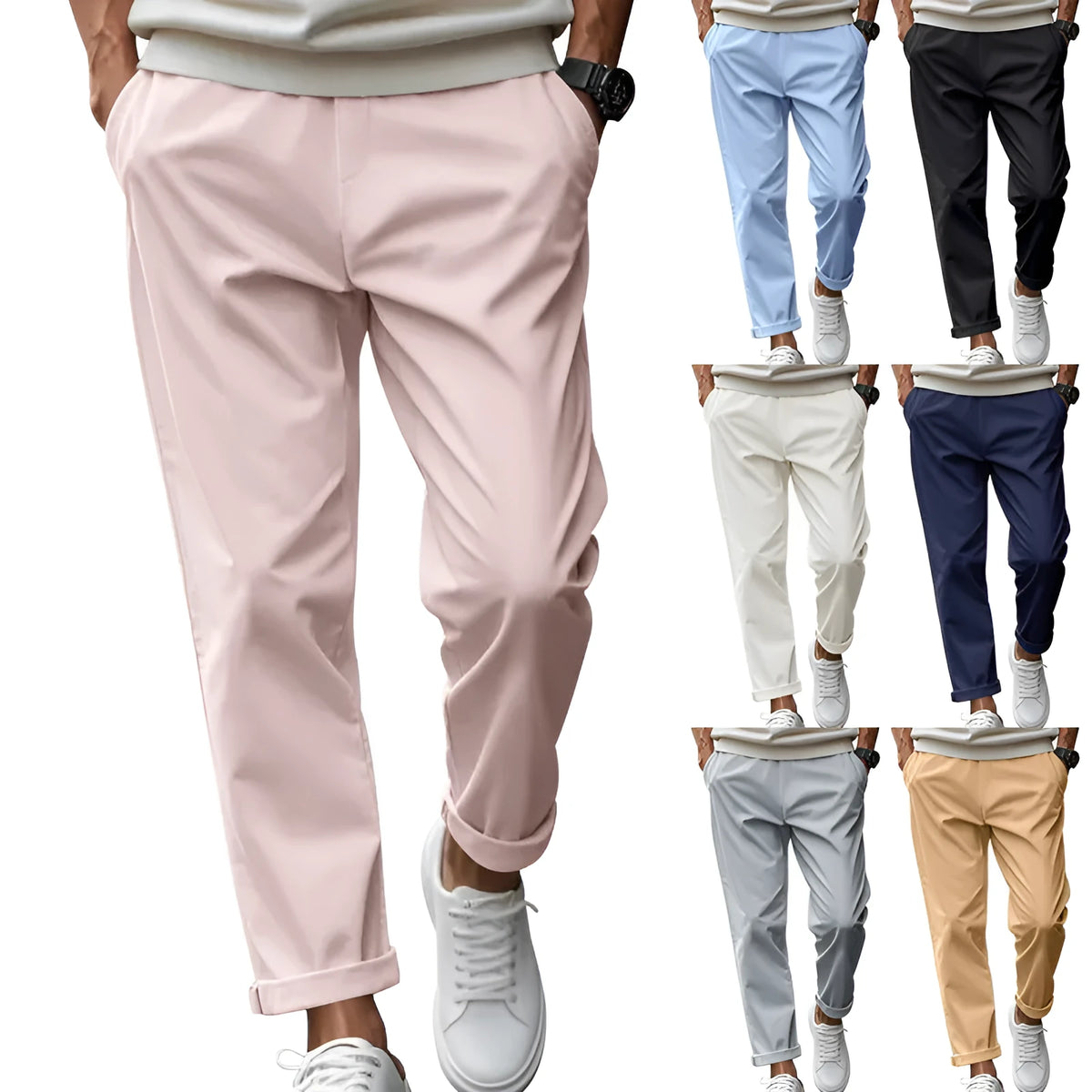 Men's loose straight casual trousers with pockets, mid waist drawstring, quick-drying polyester, seven colours