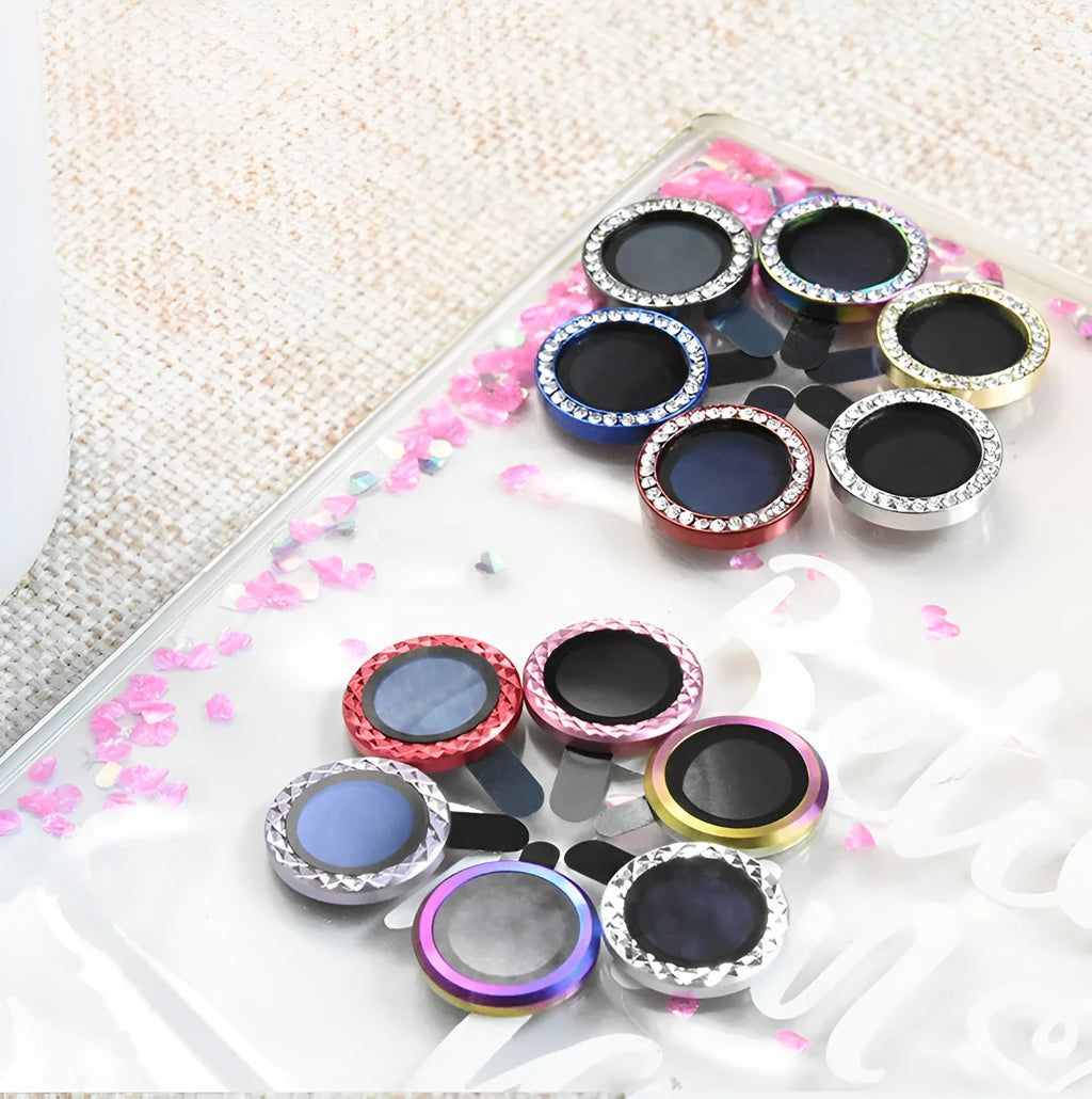 iPhone diamond pattern camera lens protective film made from aluminium alloy and tempered glass, shown in silver colour.
