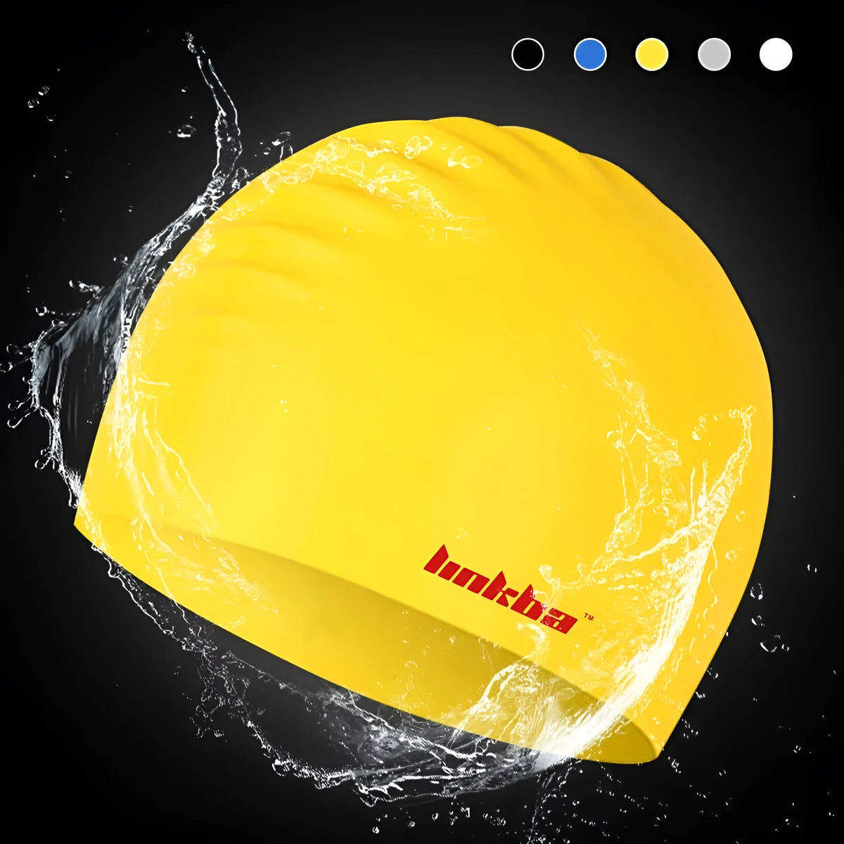 Silicone swimming cap with earmuffs in one of five colours: black, white, yellow, blue, or grey.