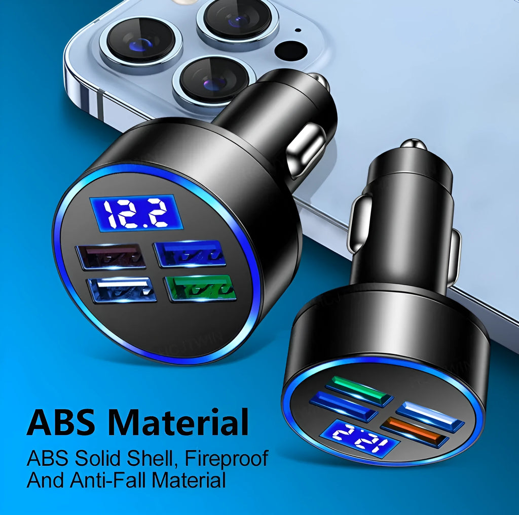 Black multi-port car charger with four USB ports for vehicle cigarette lighter socket
