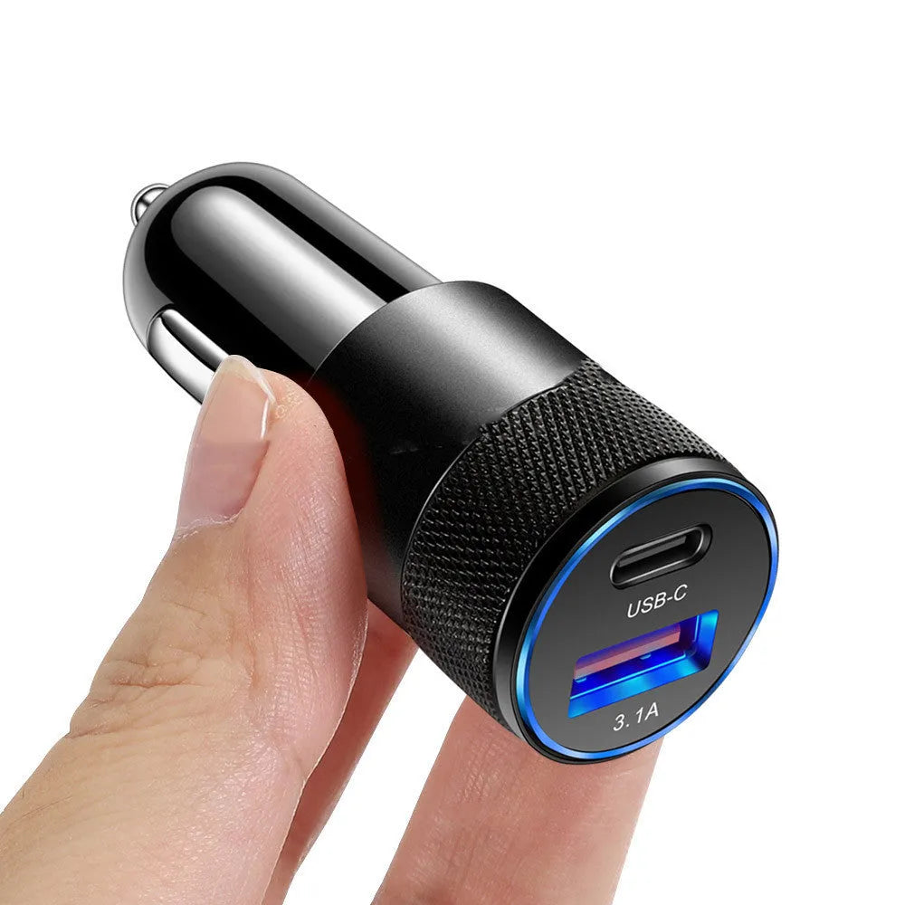 Compact aluminium alloy car mobile phone charger in Black Silver two-tone finish