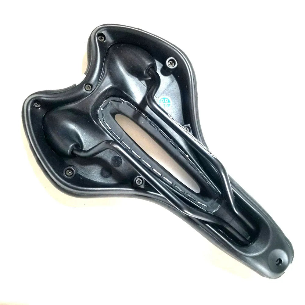 Thickened soft silicone bicycle cushion with PU leather cover, steel spring support, and included tire patch kit and wrench.