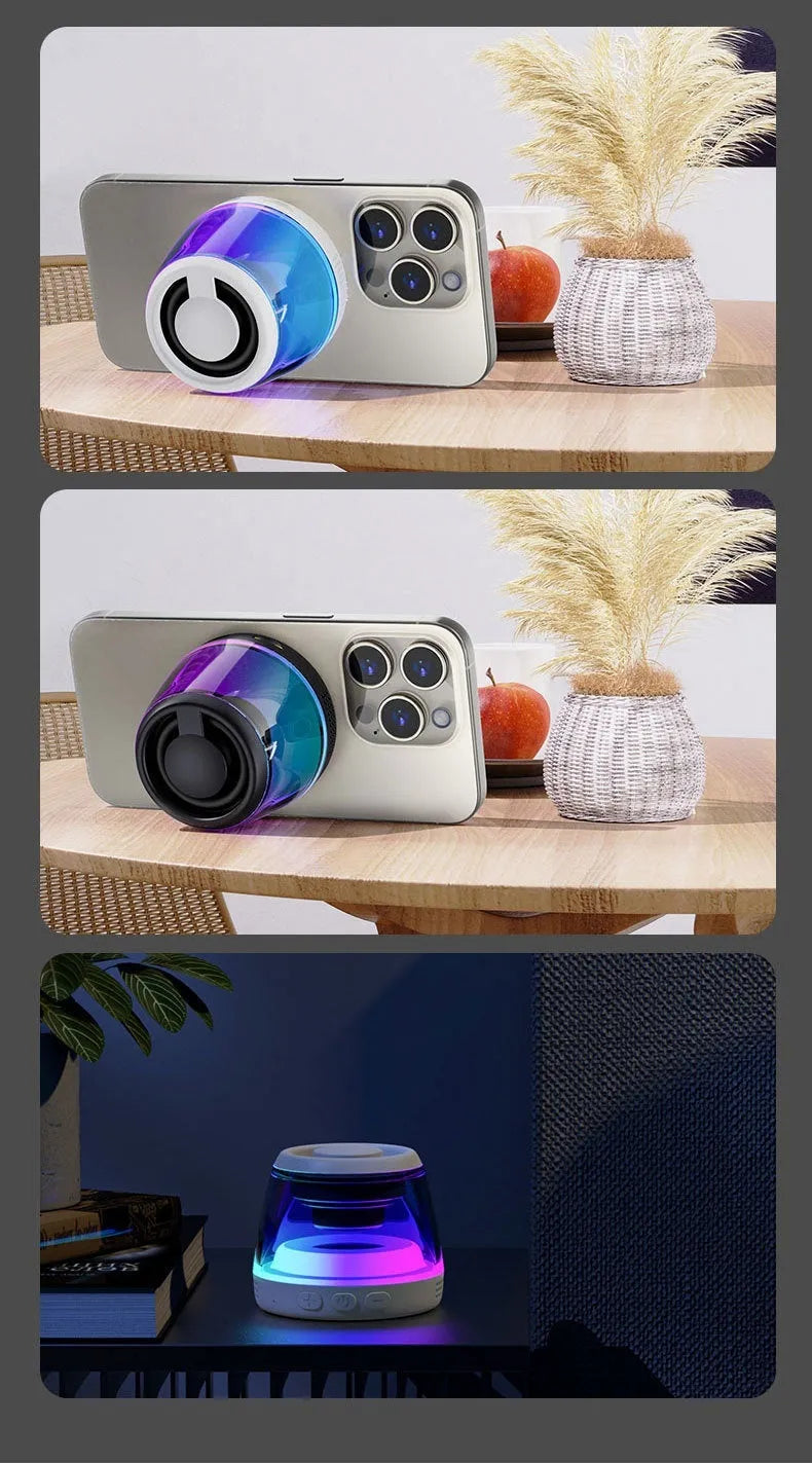 Portable wireless Bluetooth speaker with magnetic mount and ambient lighting in black or white