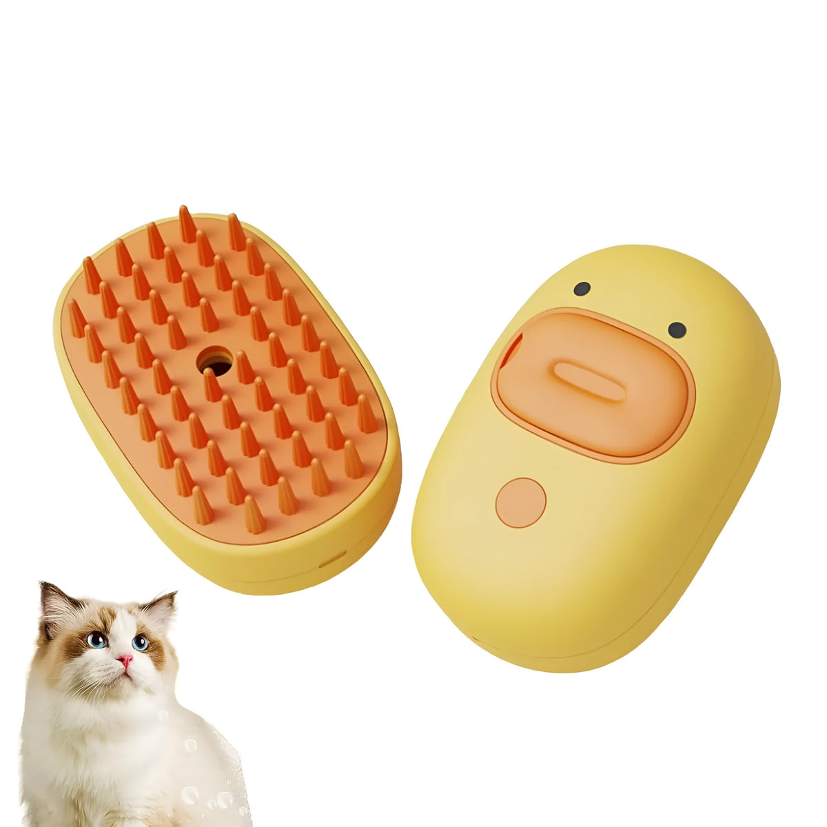 White and yellow pet steam brush with silicone bristles and water tank for dog and cat grooming