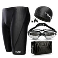 Men's black swimming set with polyester trunks, anti-fog goggles, waterproof cap, accessories and carrying bag