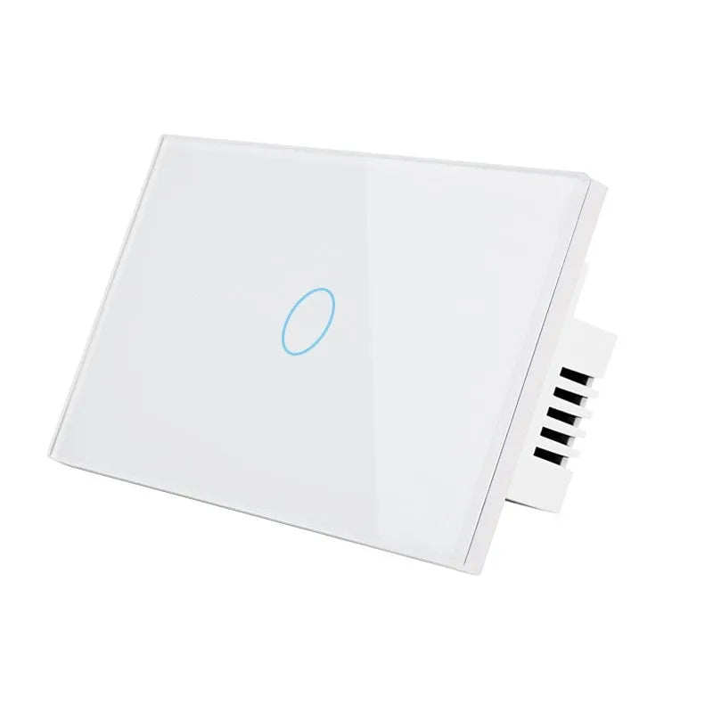 White 2-gang RF remote control wall switch with tempered glass touch panel and LED indicators