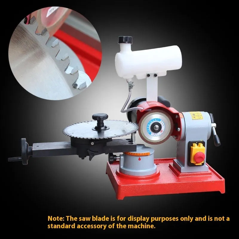 Xiao Mo Wang manual sharpening machine for alloy circular saw blades on a workshop bench.