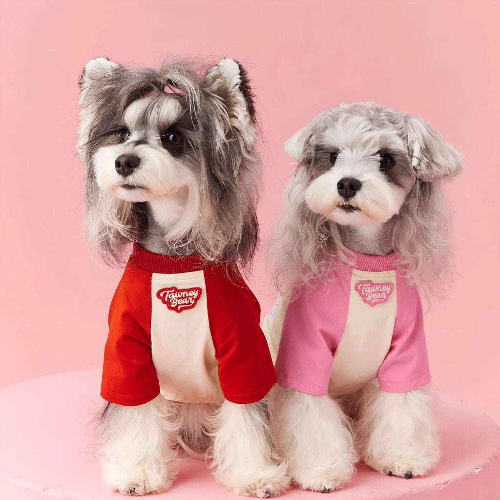 Cotton dog summer clothes in contrast colour design, available in embroidered red or pink, sizes XS to XXL