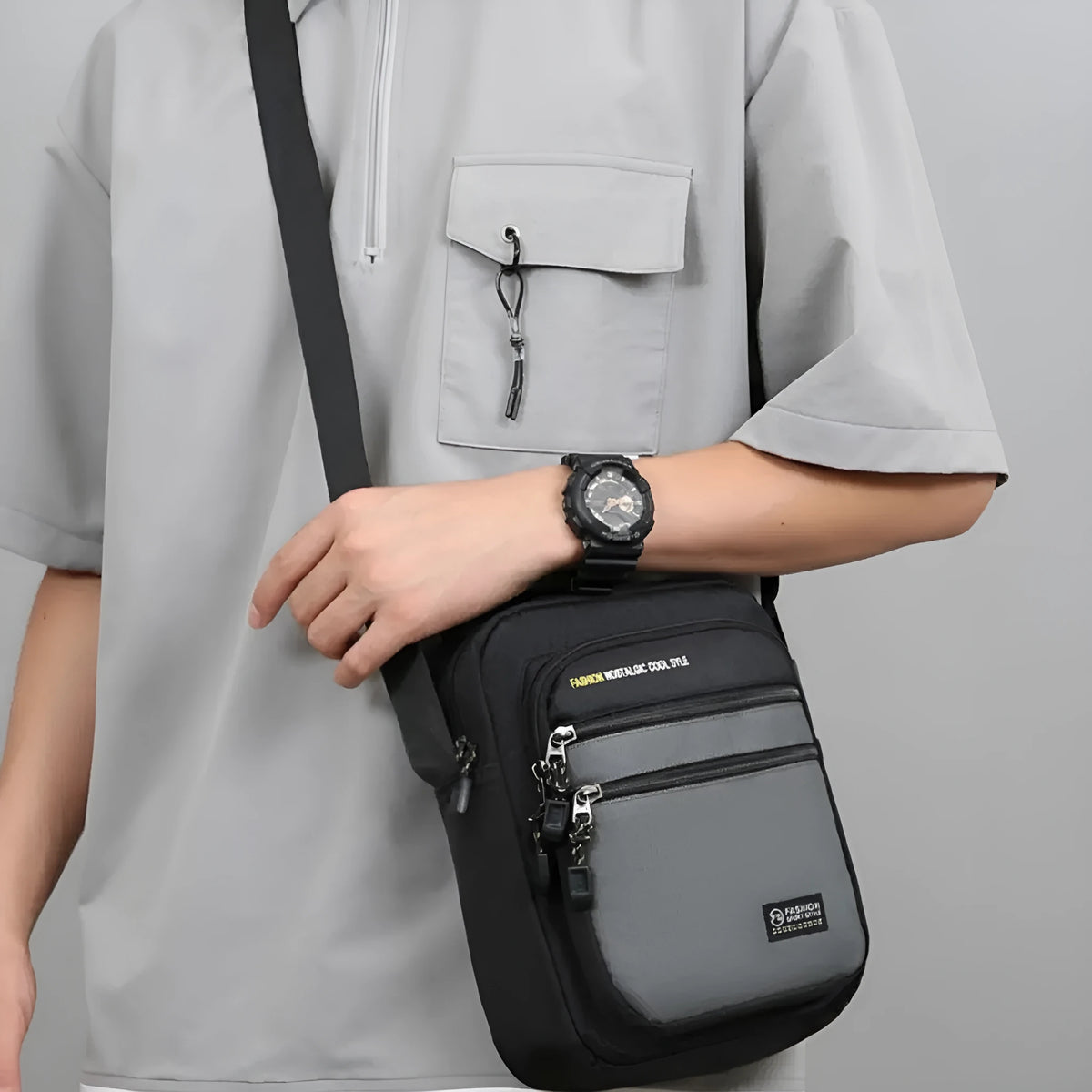Men's nylon crossbody bag in green colour with multiple compartments and adjustable strap.