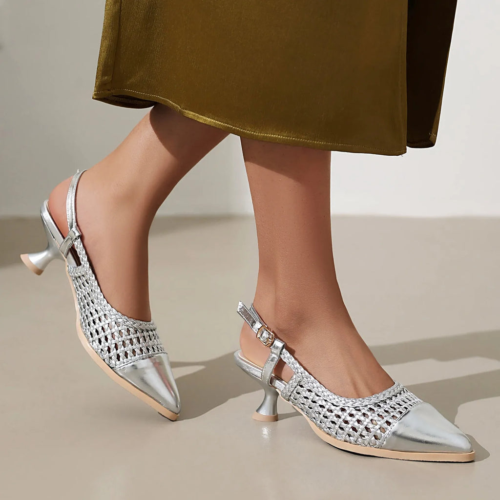 Professional women's cat heel sandals with buckle closure in metallic black, gold or silver colours