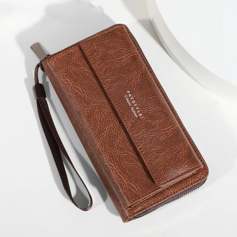 Men's brown PU bifold wallet with multiple card slots showing 19 cm length