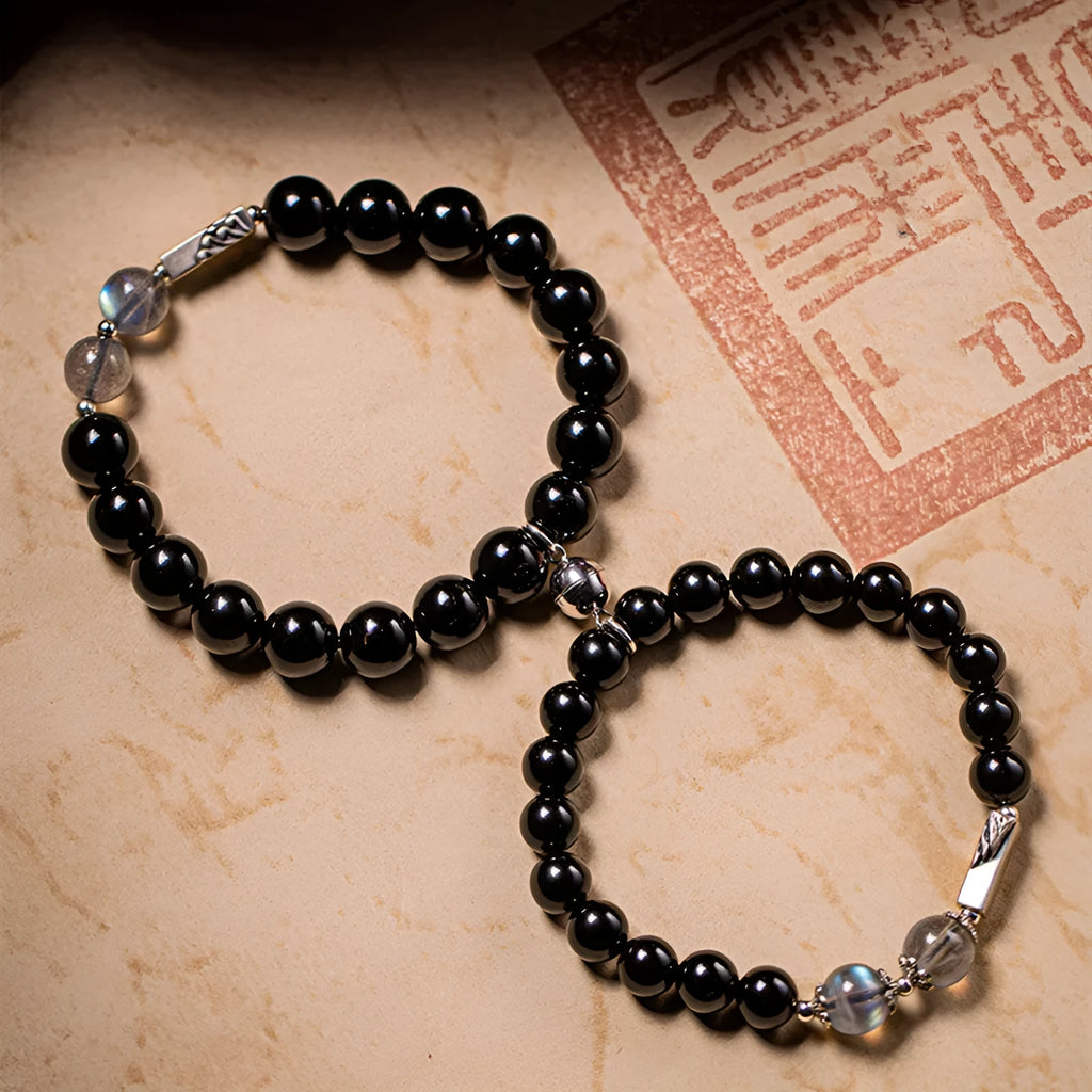 Obsidian Buddha beads couple bracelet DIY set showing 8mm and 10mm black stone beads