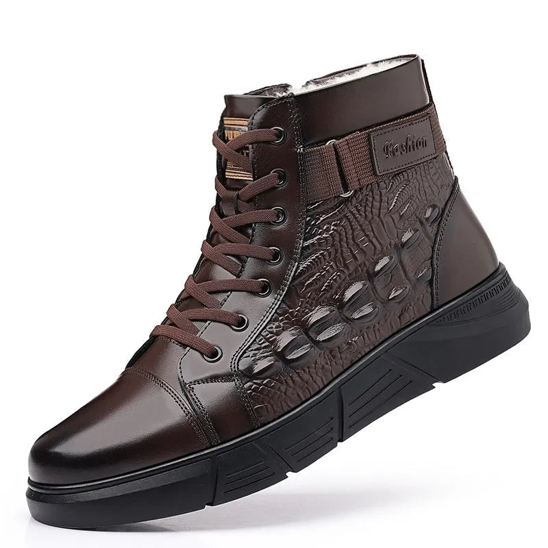 Women's black genuine leather snow boots with fur trim and lace-up front