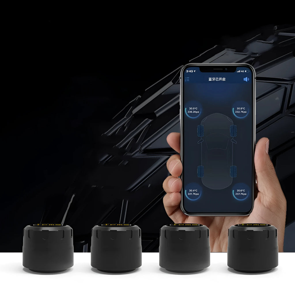 Bluetooth 5.0 automotive tyre pressure monitoring system with four external sensors, wrench, and anti-theft screws