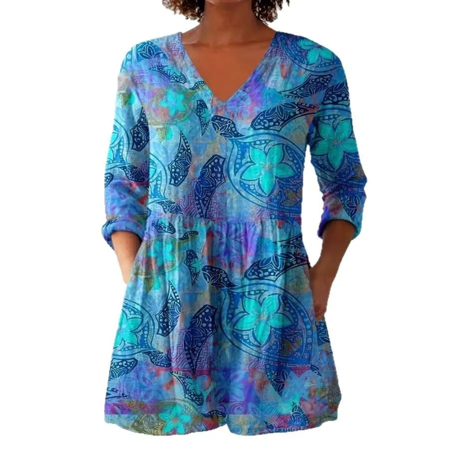 Women's slim fit long-sleeved top with retro digital print design in a colour selection.