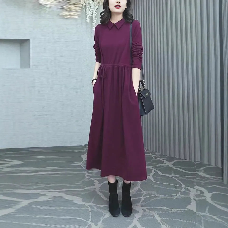 Purplish red women's plus size dress with extra long sleeves and urban style design for autumn winter