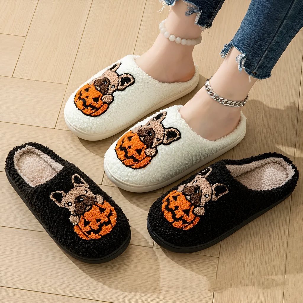 Halloween pumpkin pattern plush slippers with non-slip TPR soles in black and white colours