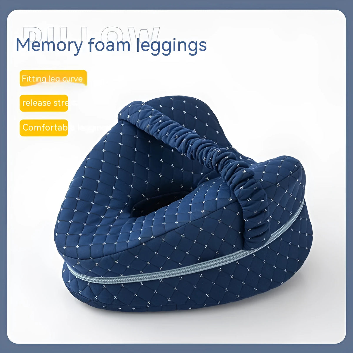 Dark blue jacquard love heart-shaped memory foam leg pillow on a grey sofa