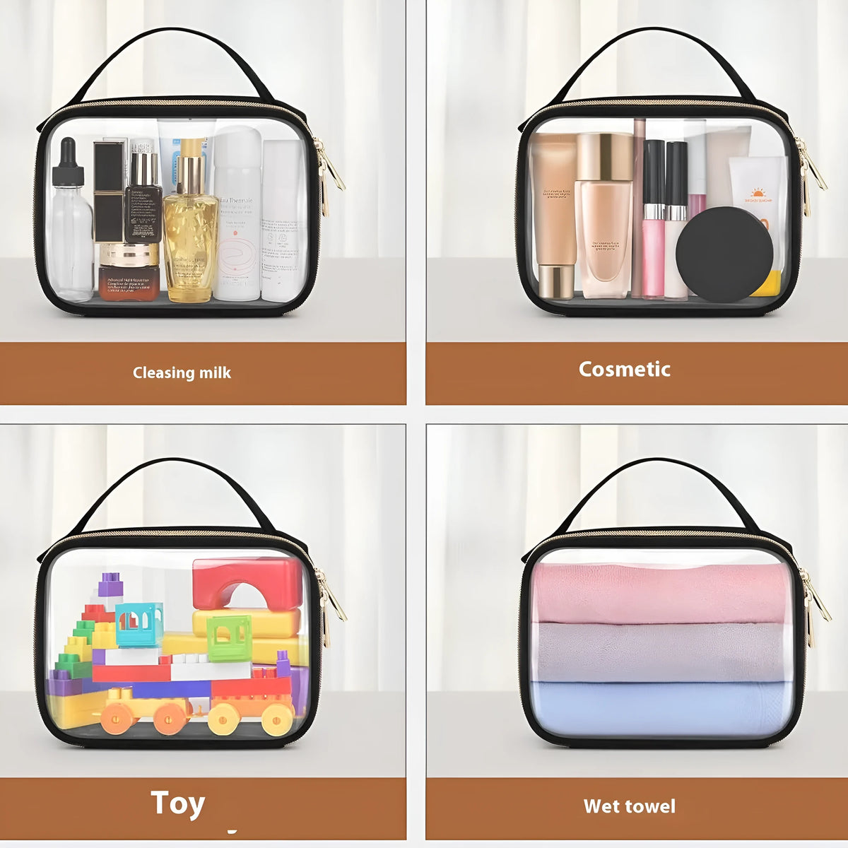 Transparent PVC wash bag with chain handle storing lipsticks and cosmetics