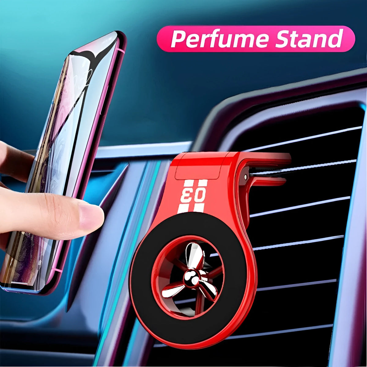Black magnetic car phone holder with fragrance slice mounted on a car air vent