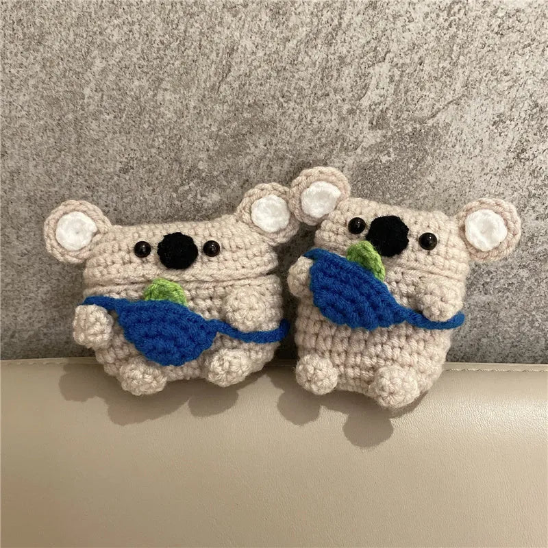 Hand knitted koala bear backpack design AirPods protective sleeve for wireless earbud charging case