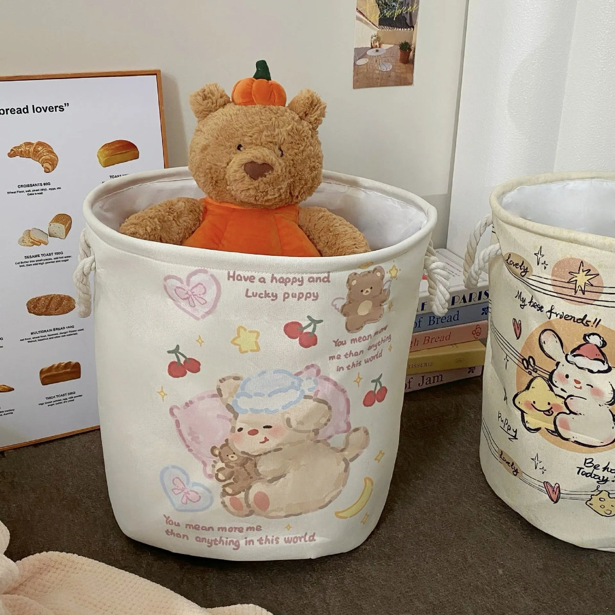 Foldable cotton laundry basket showing one of twelve colour designs for bedroom or bathroom storage