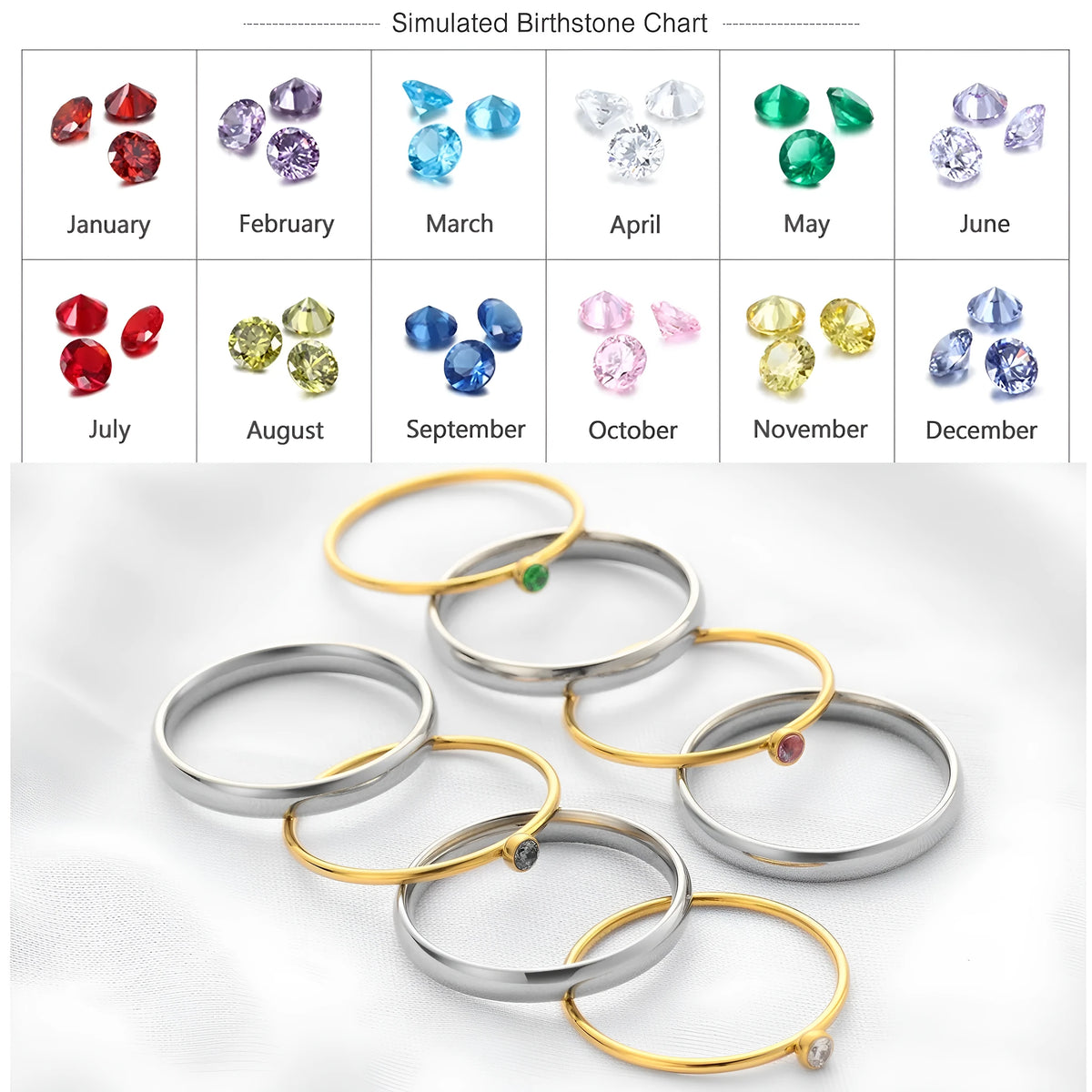 December birthstone geometric engraved titanium steel ring with gold lettering on band